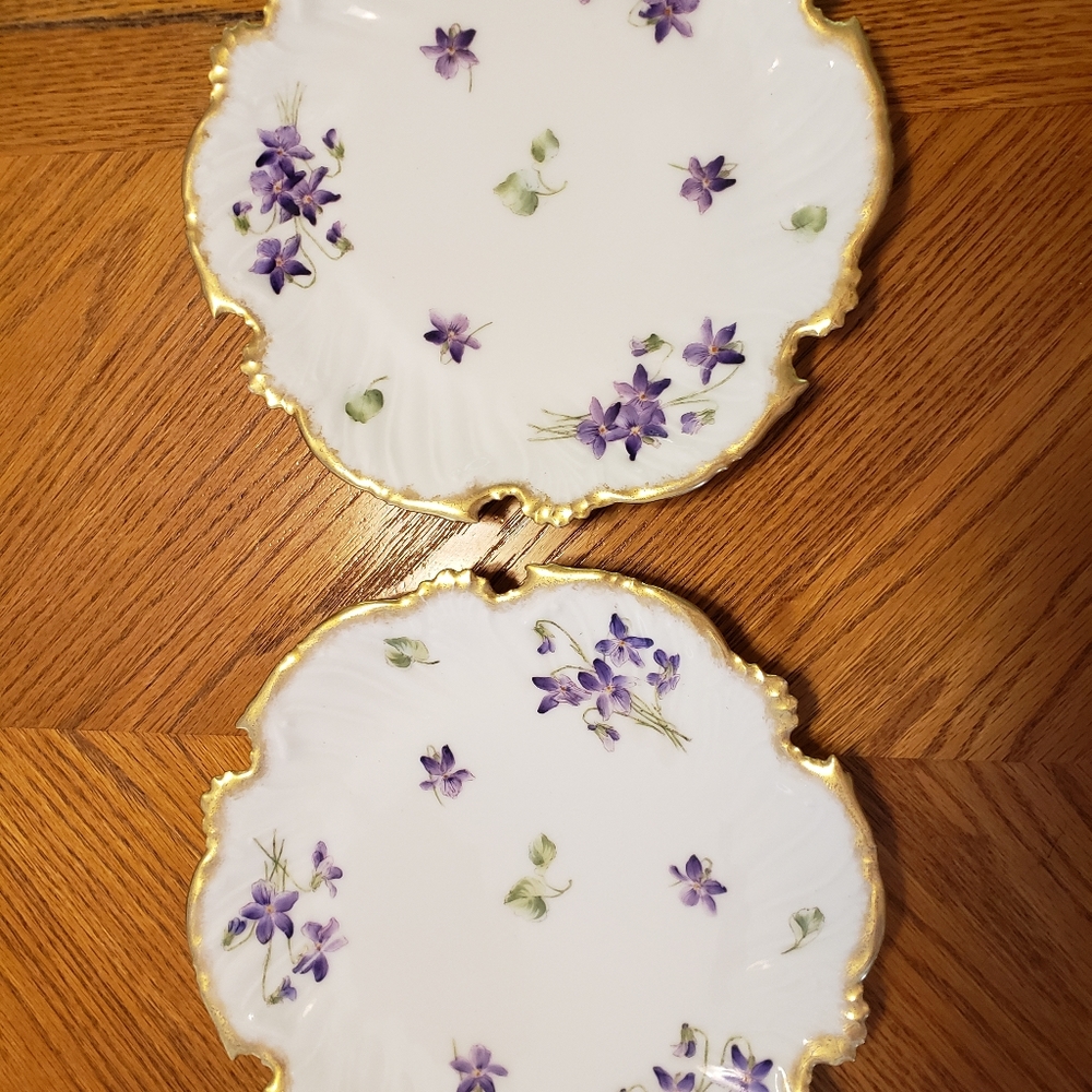 Three T&V Limoge France Plates. Hand Painted Violets With Gold Embossed Edge